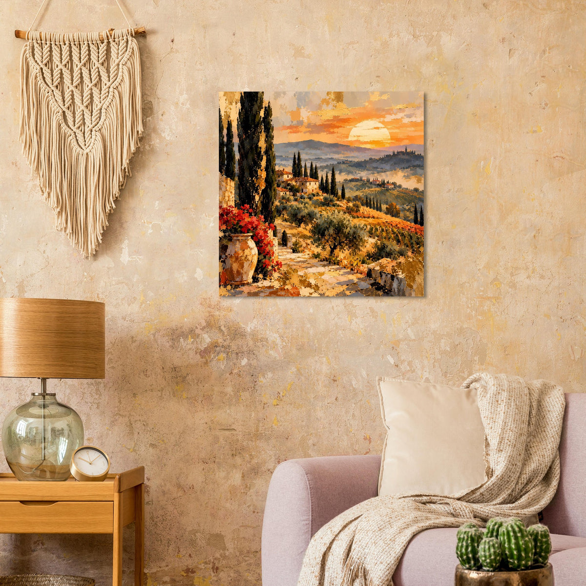 Poster mit toskanischer Landschaft: Weg, Zypressen und Sonnenuntergang über Hügeln