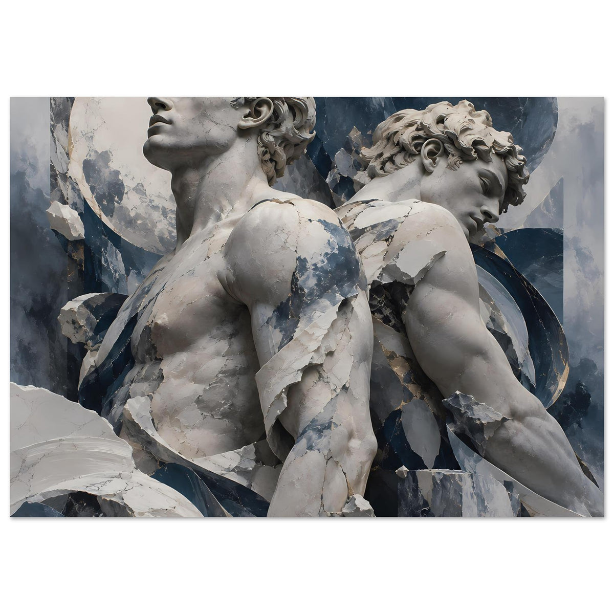 Poster mit zwei antiken Statuen in Weiß und Blau, Marmoreffekt, Querformat