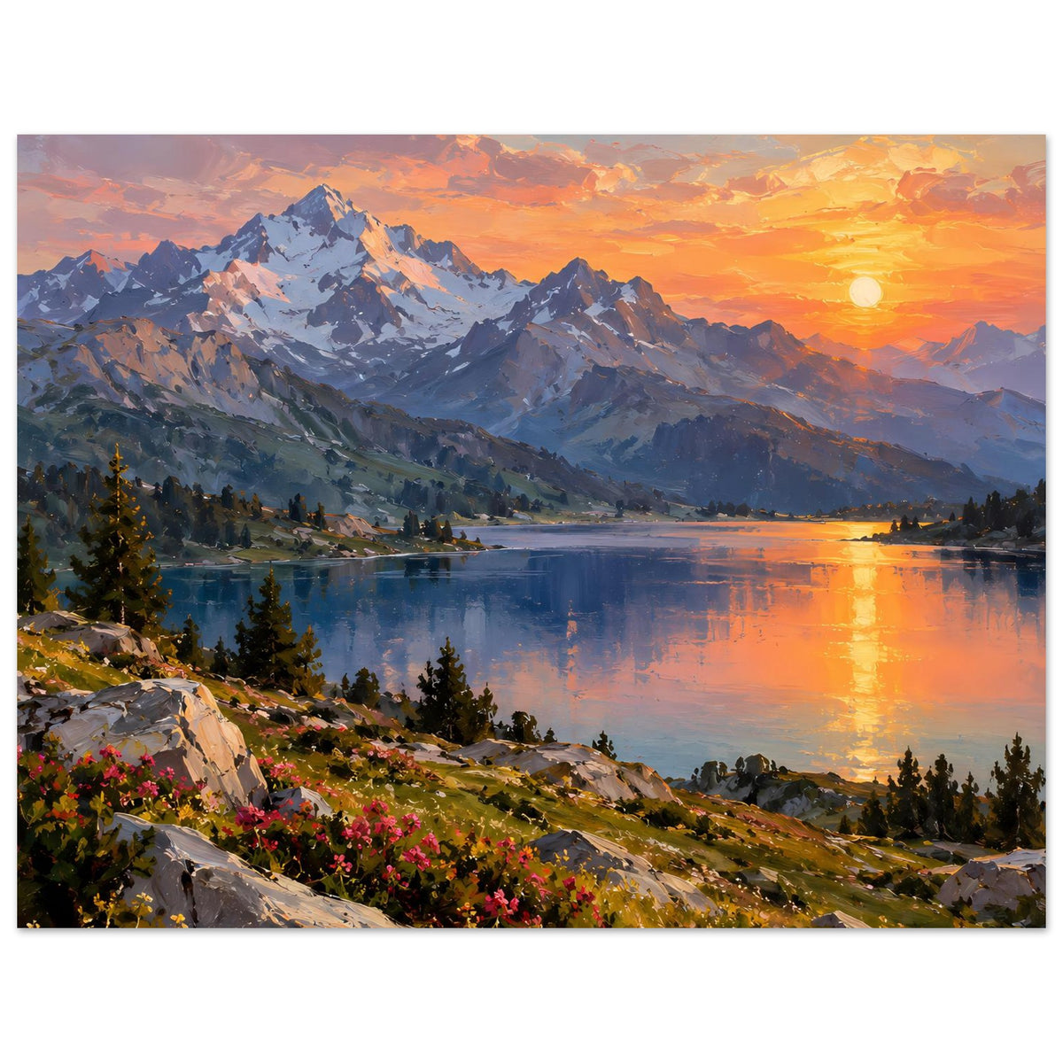 Poster mit Bergsee bei Sonnenuntergang, reflektierendes Wasser, Berge im Abendlicht und Blumenhang