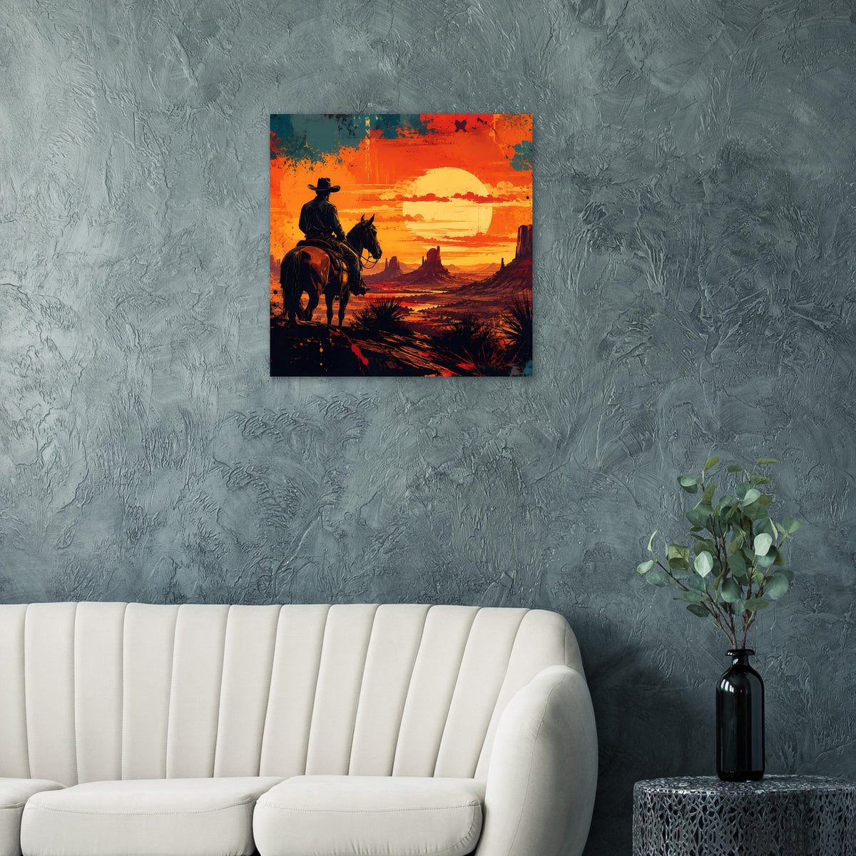 Quadratisches Western-Cowboy-Poster: Cowboy auf Pferd im orange-roten Sonnenuntergang, dunkler Vordergrund
