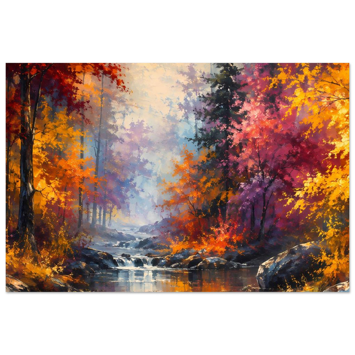 Querformat-Poster mit Herbstwald-Panorama, Wasserfall und Herbstwald im Licht