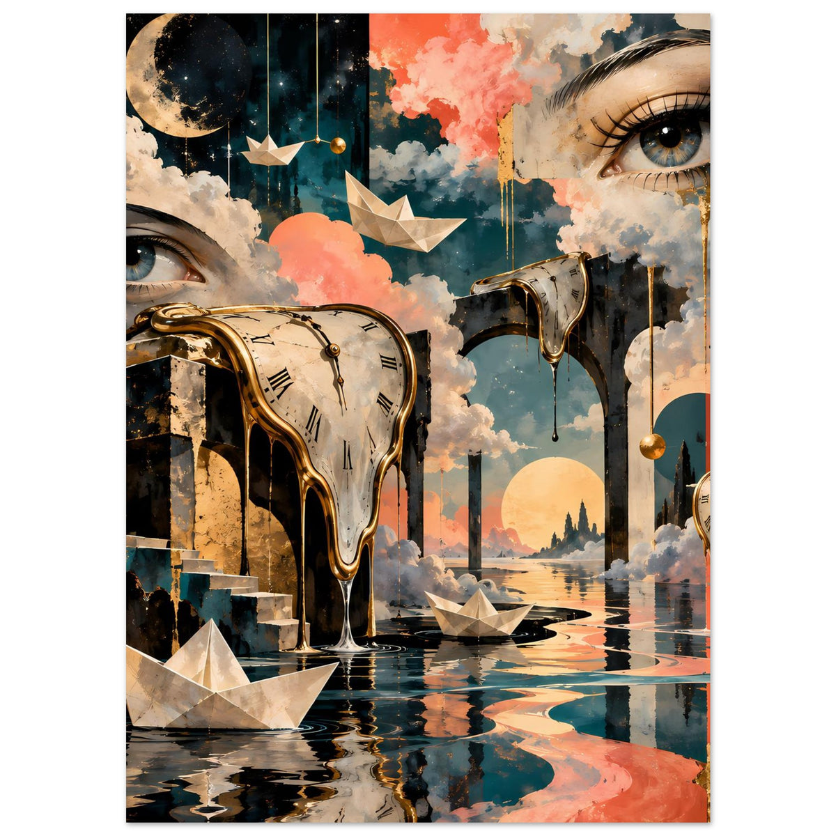 Surrealistisches Poster im Hochformat mit schmelzender Uhr, schwebenden Papierbooten und Monden