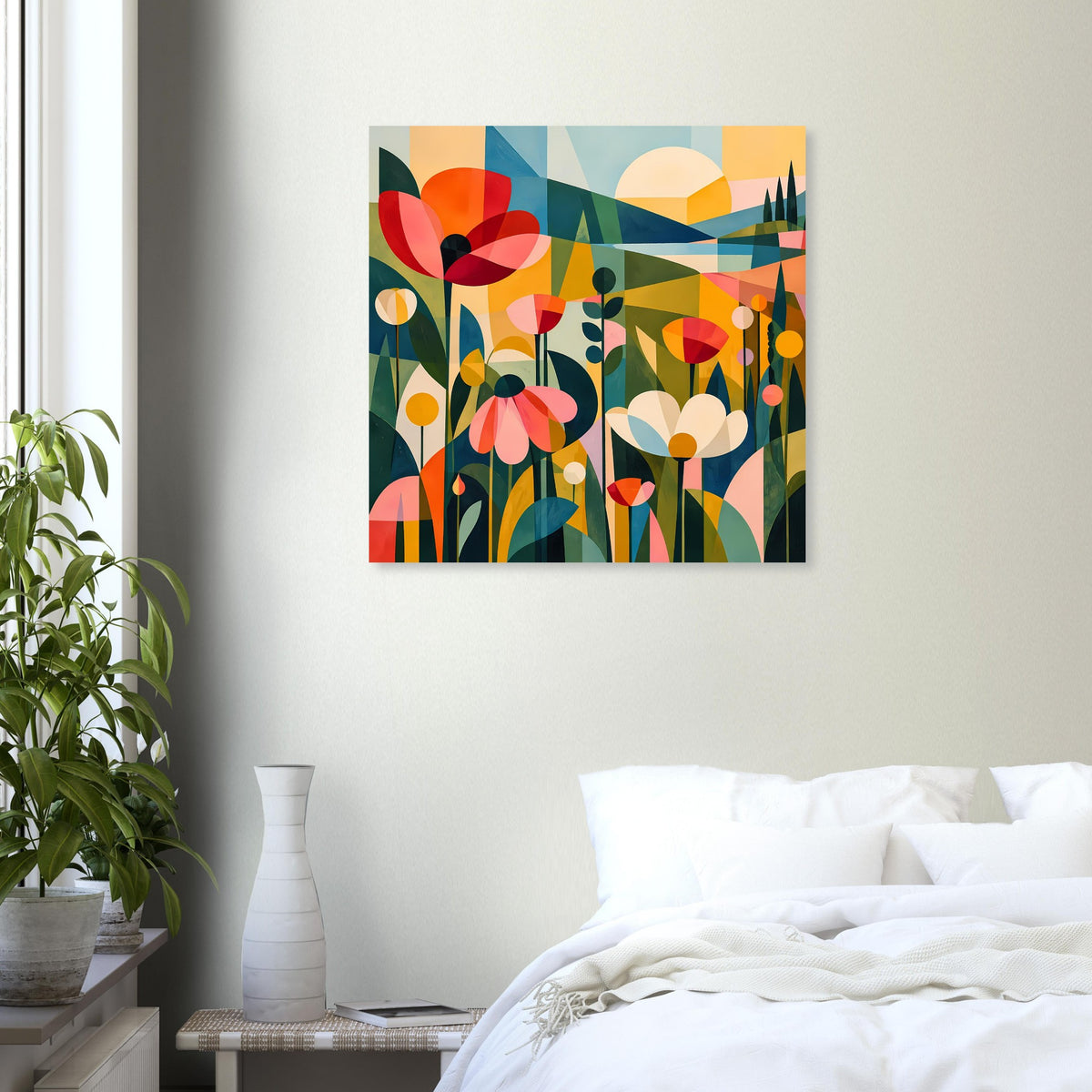 Quadratisches Blumenposter: bunte Blüten, dunkle Details und helle Kreisakzente