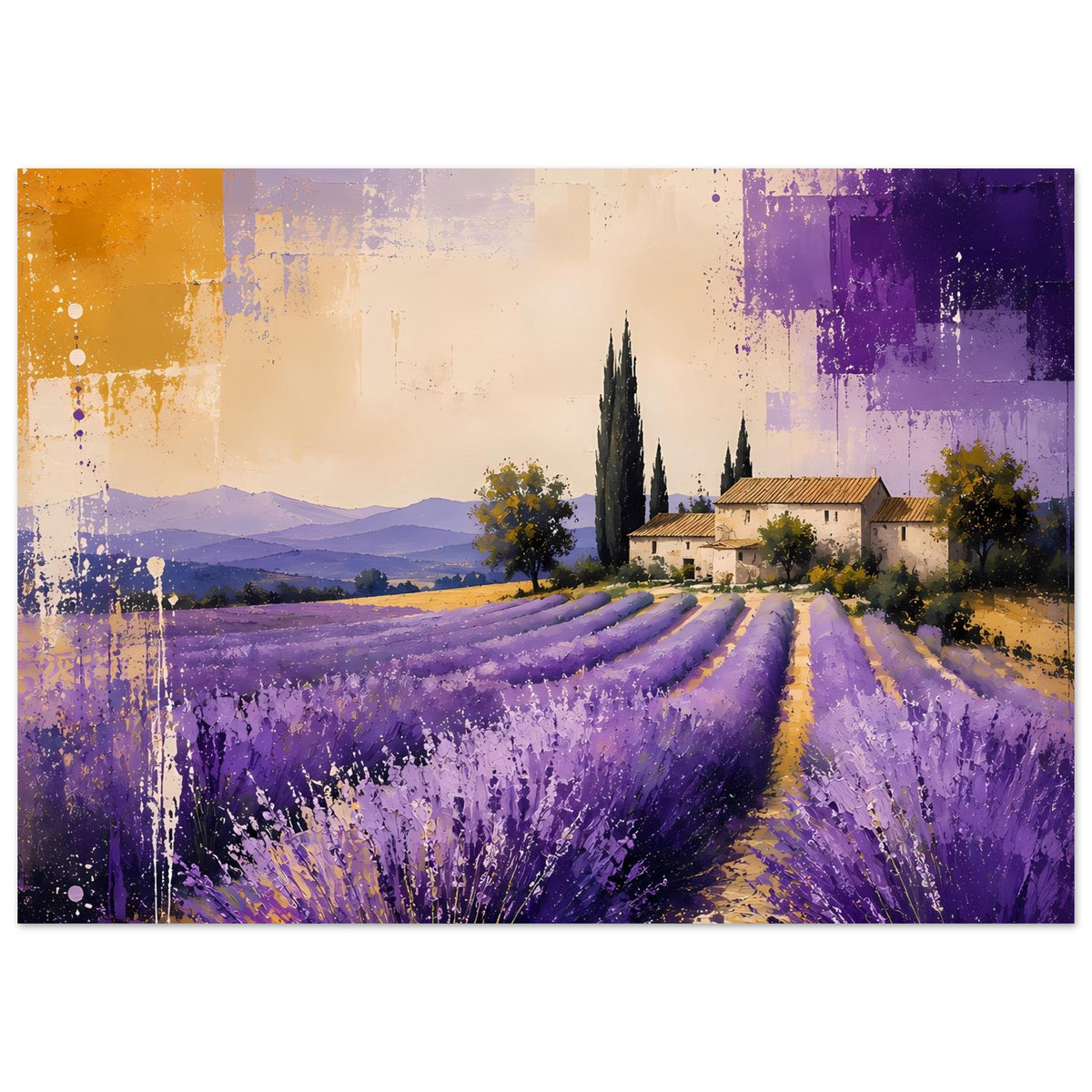 Lavendel-Landschaftsposter mit violetten Feldern, Bauernhaus und Zypressen