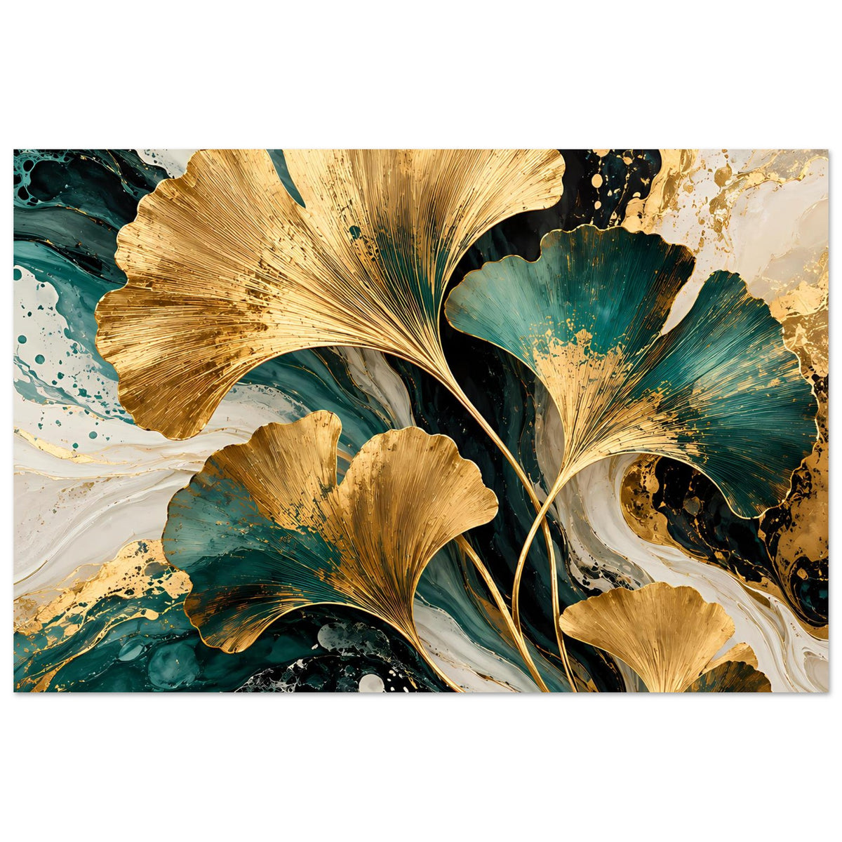 Naturposter mit großen goldenen Ginkgo-Blättern, türkisgrünen Wirbeln und goldenen Spritzern