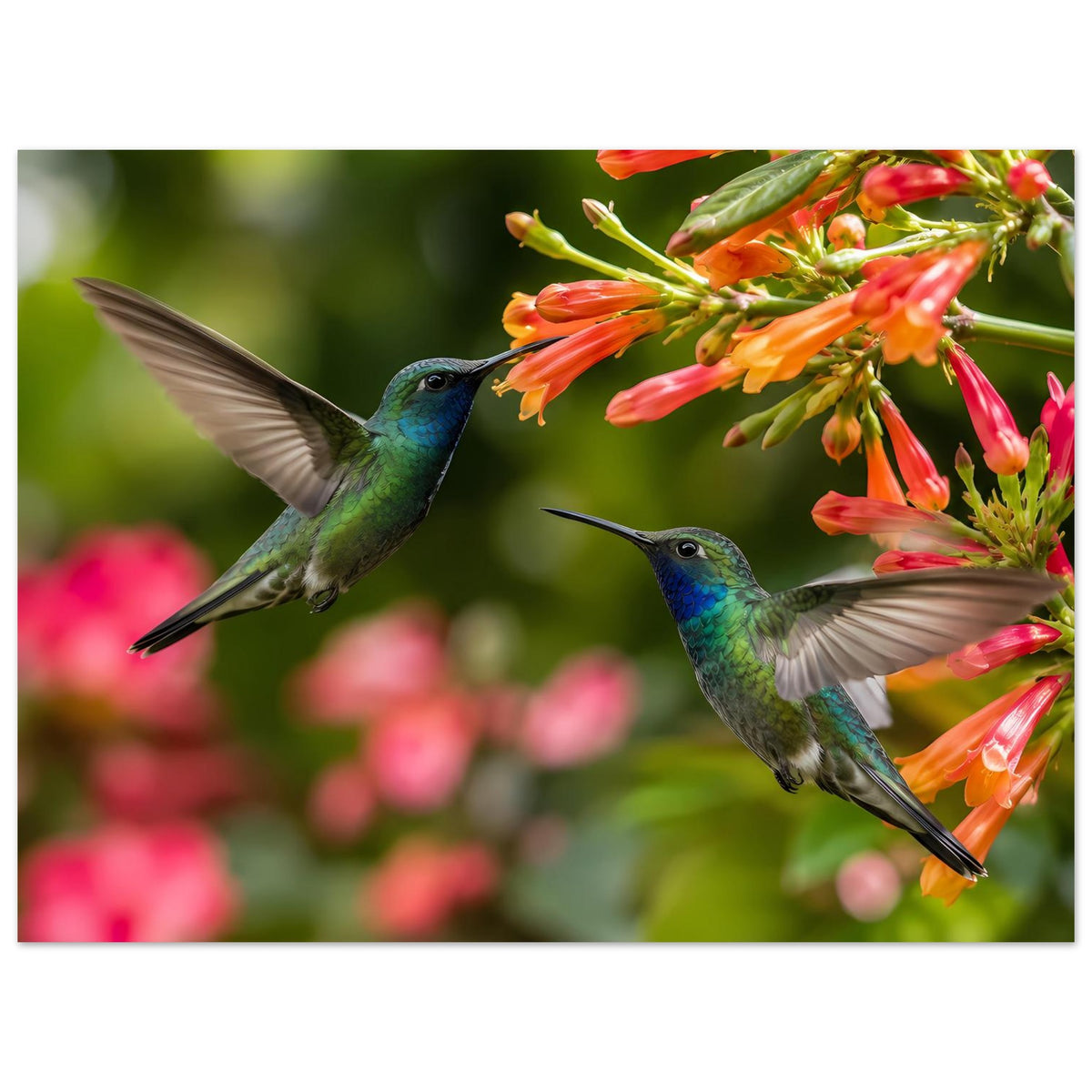Querformat-Poster mit zwei Kolibris im Flug, Blüten rechts im Bild