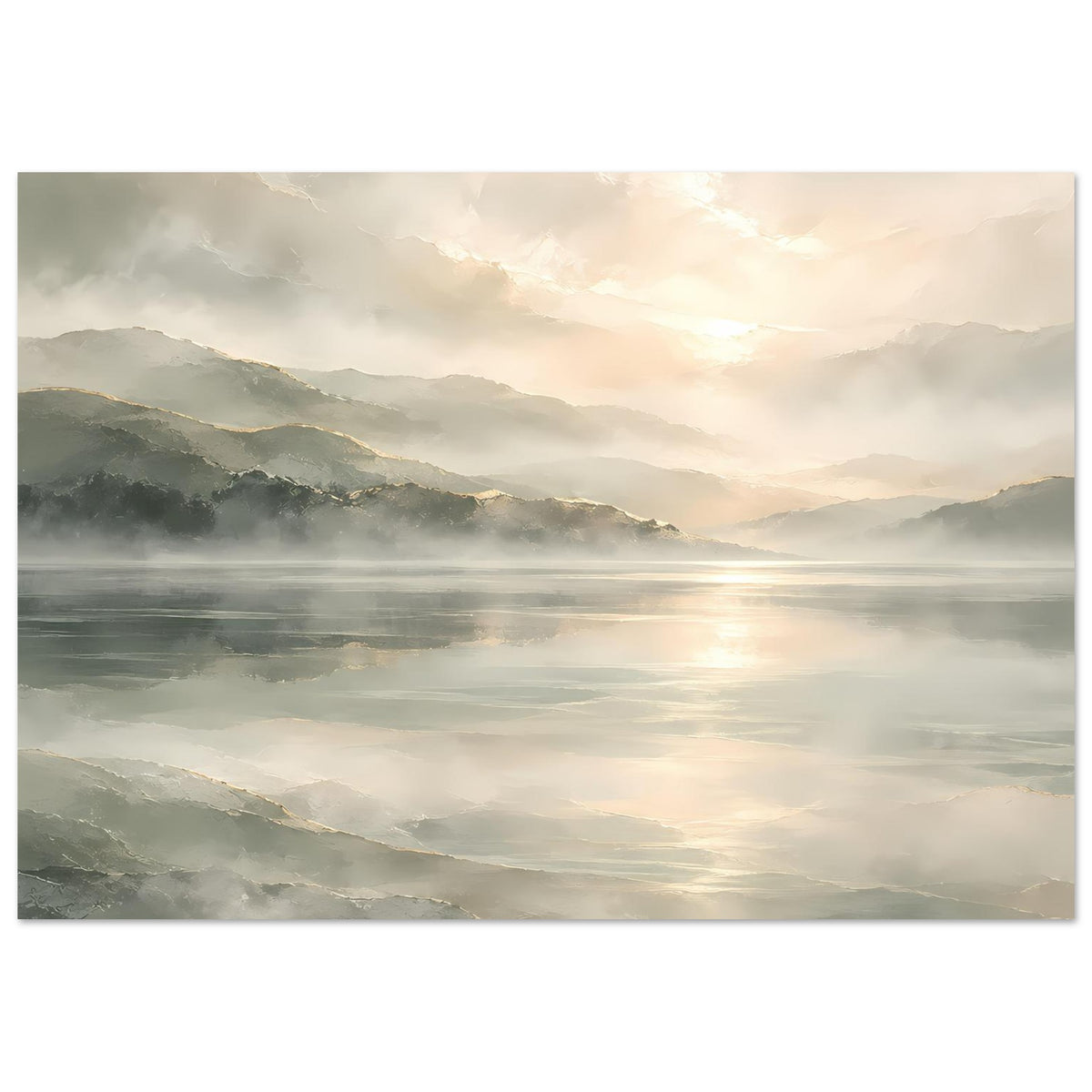 Horizontales Poster mit abstrakter See- und Berglandschaft, goldene Abendstimmung, matt