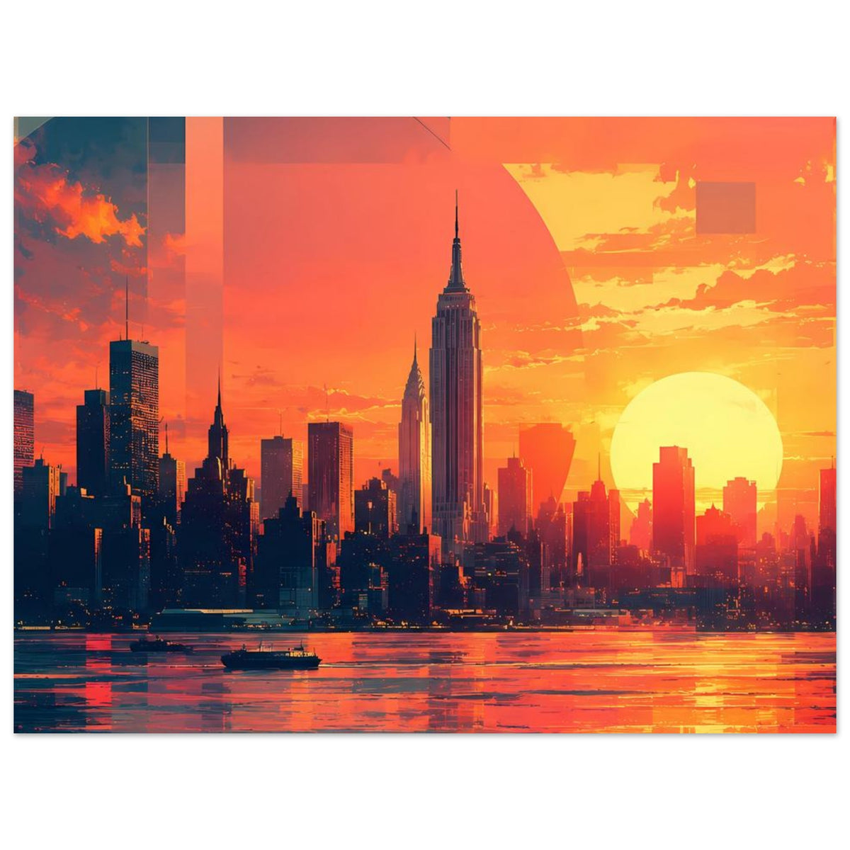 Horizontales Poster: Skyline bei Sonnenuntergang mit großer gelber Sonne und Spiegelung im Wasser.