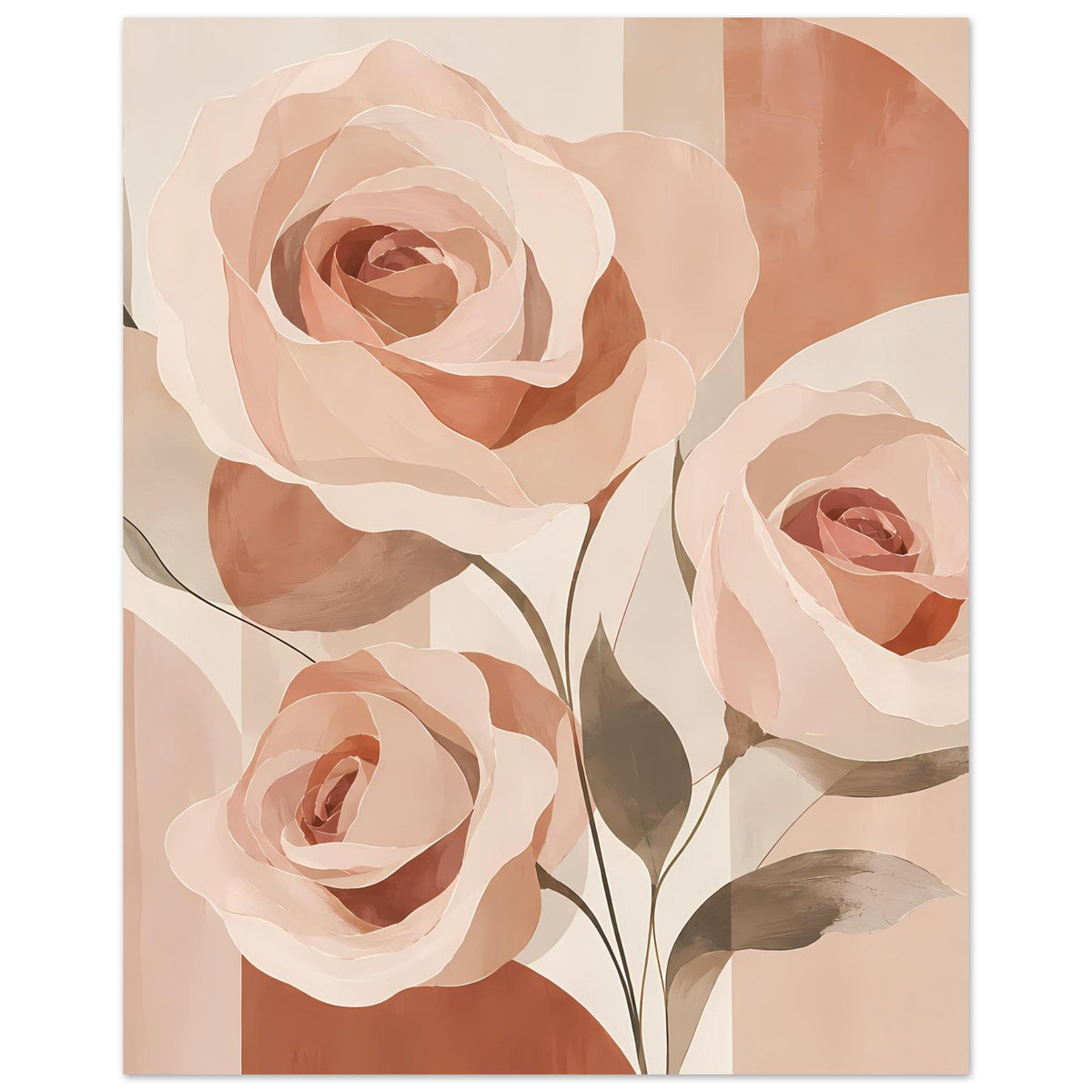 Florales Poster mit zwei Rosenblüten, weiteren Knospen und dunkel gezeichneten Blättern