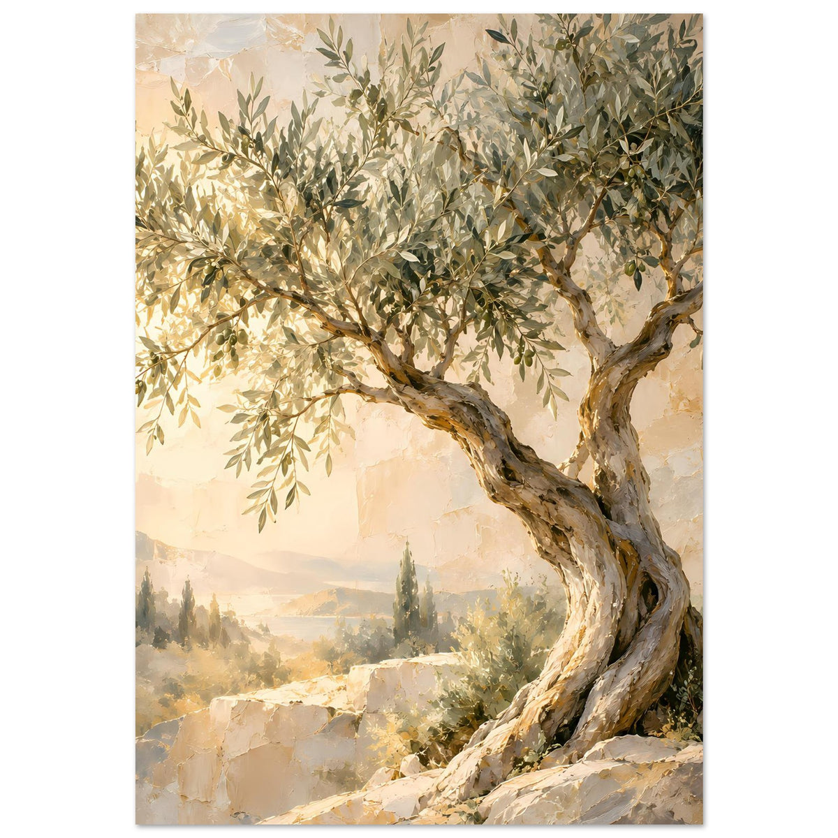 Landschaftsposter mit Olivenbaum und knorrigem Stamm, Blätter in Grün-Gelb-Graubeige