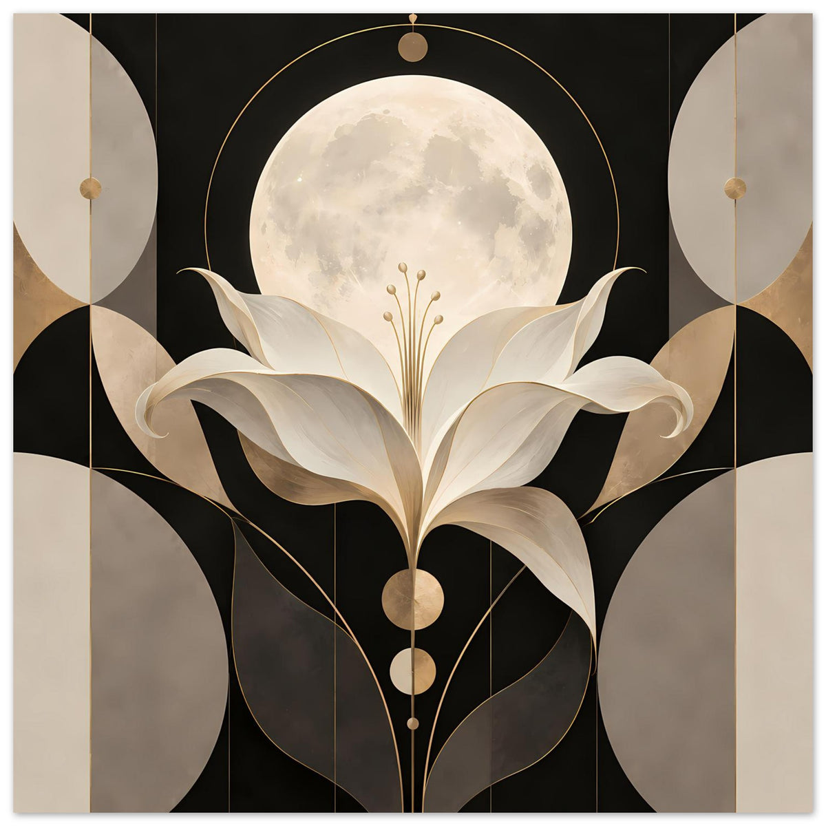 Art-déco-Poster mit Mondschein-Lilie in Gold und Creme vor Vollmond