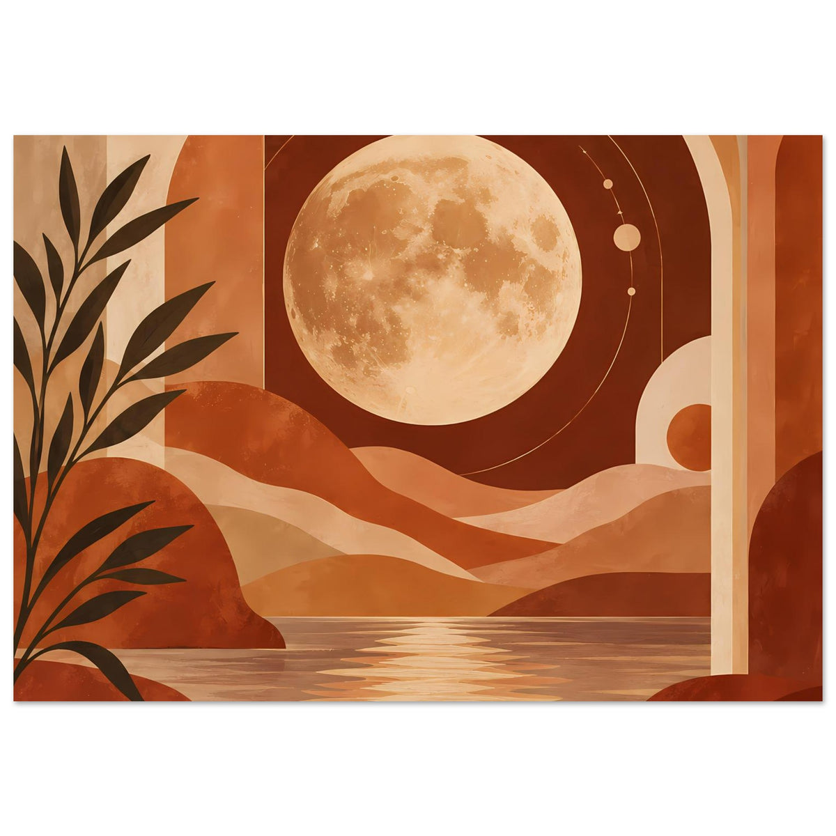 Boho-Poster mit Vollmond über Dünen, Palmenblättern und hohen Bogen im Terrakotta-Look
