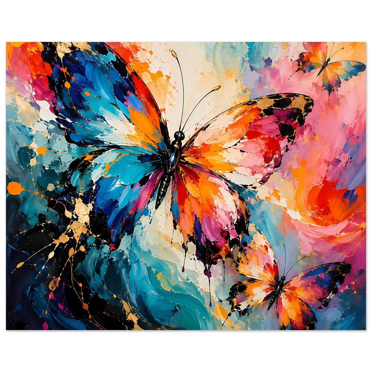 Horizontales Schmetterlingsposter mit zentralem Schmetterling und seitlichem Flattertier