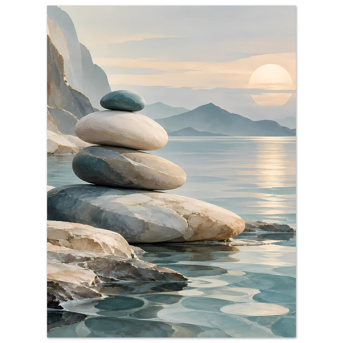Poster: Stapel Steine auf Felsen am Wasser mit sanfter Küstenlinie in Pastellfarben