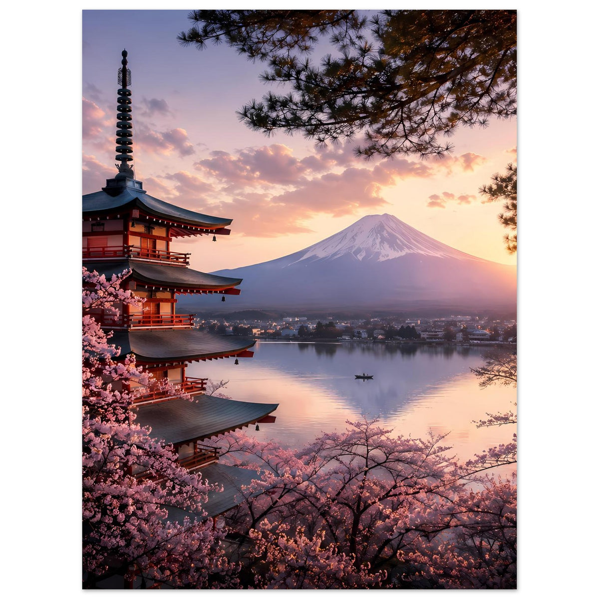 Vertikales Poster: Pagode links, Berg Fuji und ruhiger See, Kirschblüten im Vordergrund