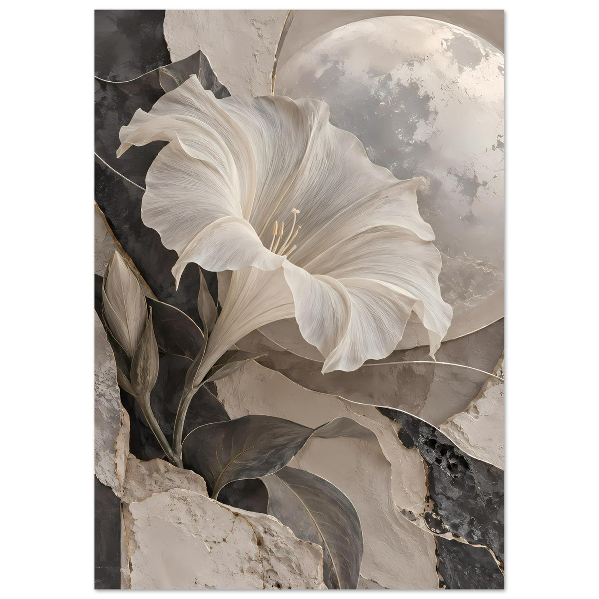 Kunstposter mit großen weißen Lilienblüten, dunklen Blättern und hellem Mond im Hochformat