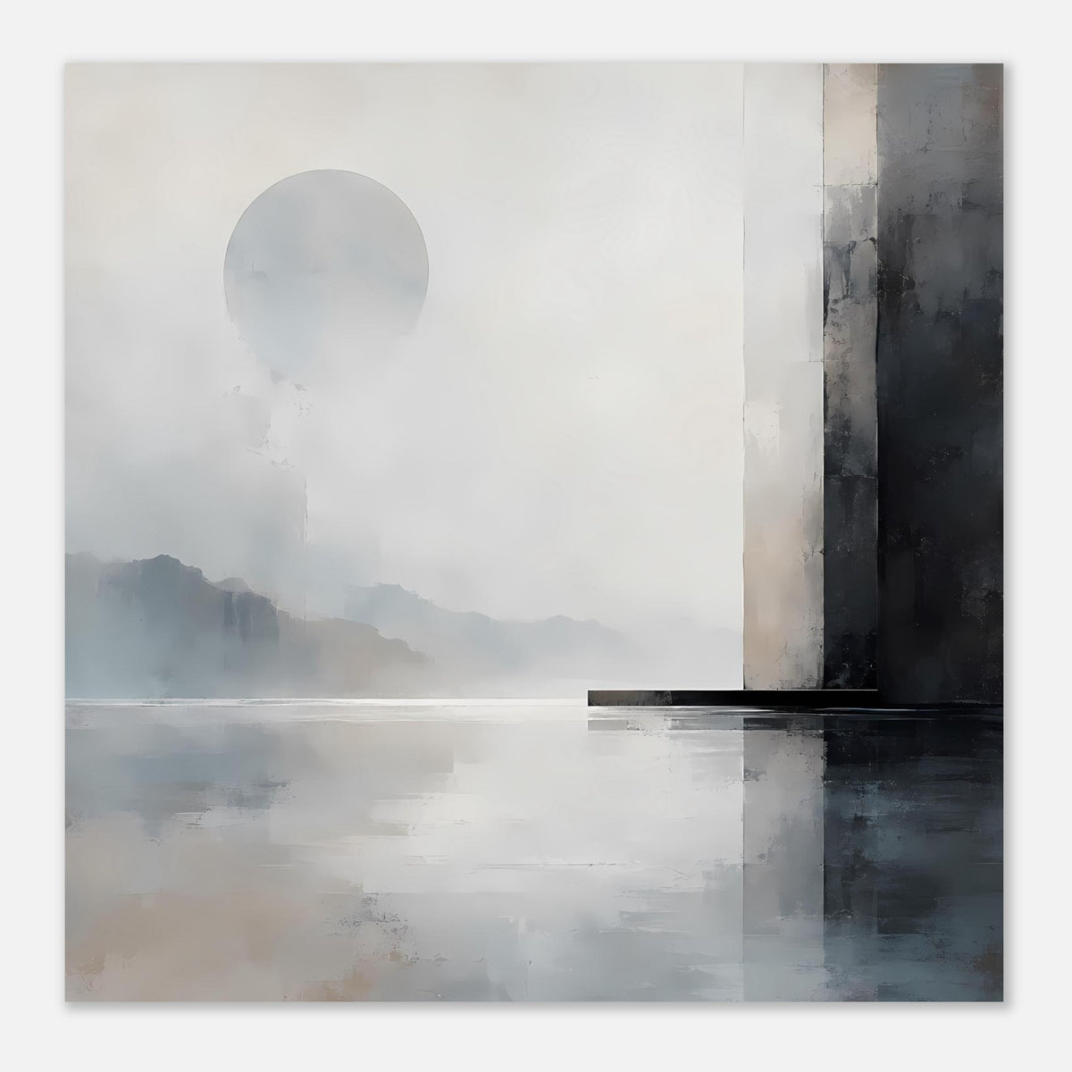 Monochromes Landschafts-Poster mit hellem Kreis, Berglandschaft, ruhigem Wasser und dunklem Balken