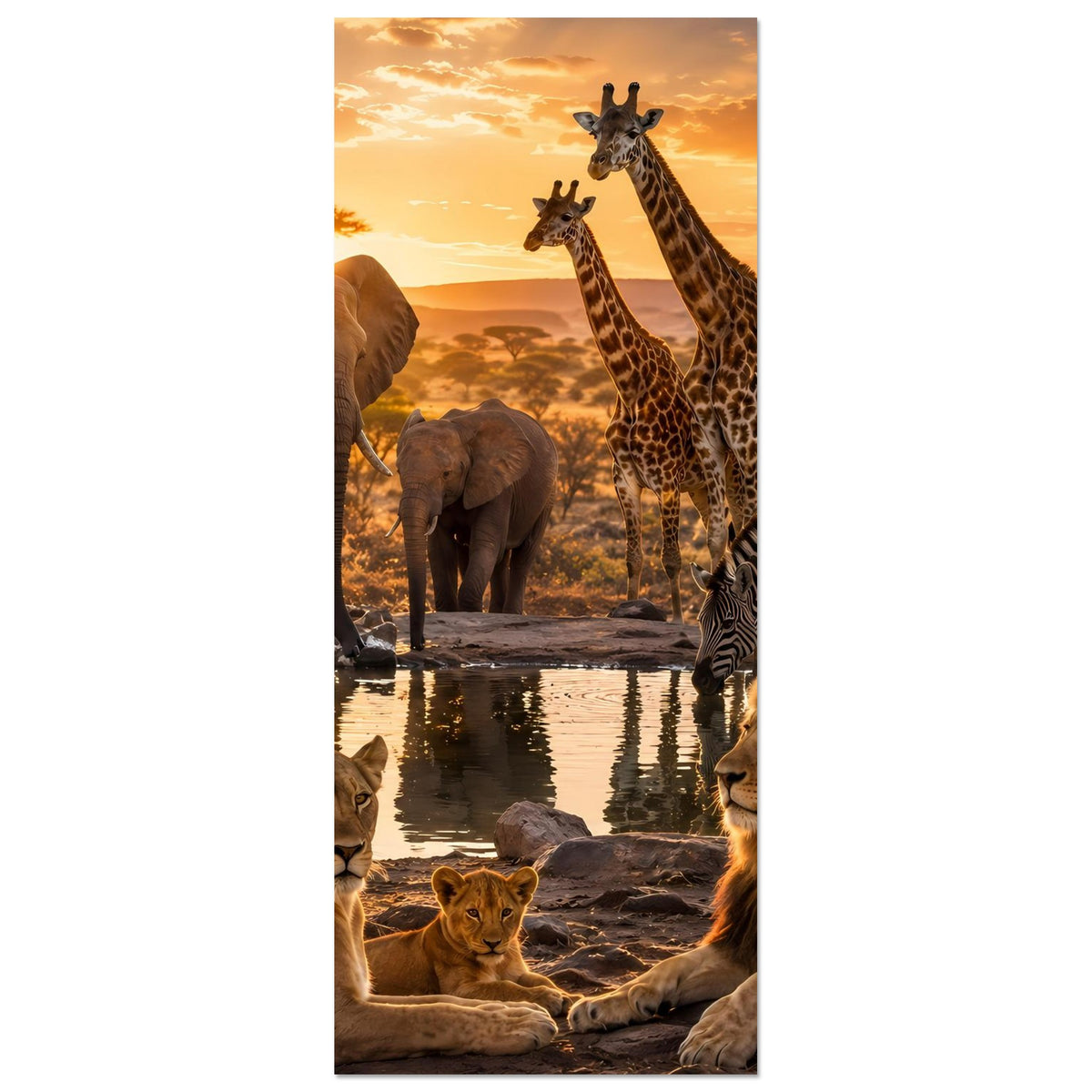 Vertikales Poster mit Löwen, Elefanten, Giraffen und Zebras im Sonnenuntergang.