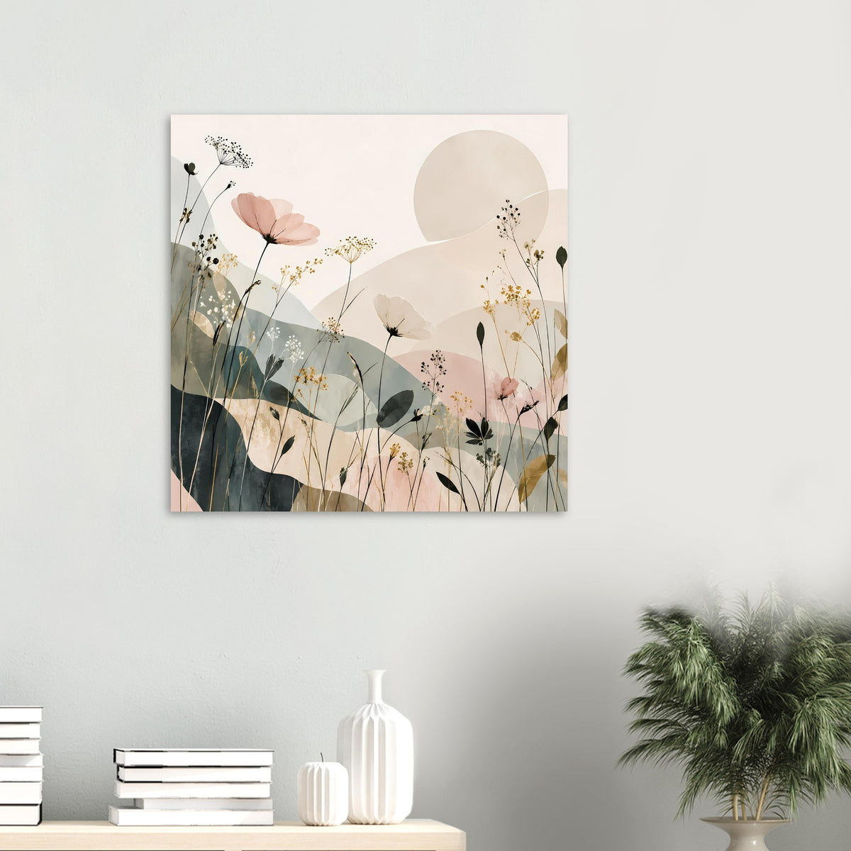 Quadratisches florales abstraktes Poster mit Blütenstängeln, Gräsern und pastelligen Farbfeldern