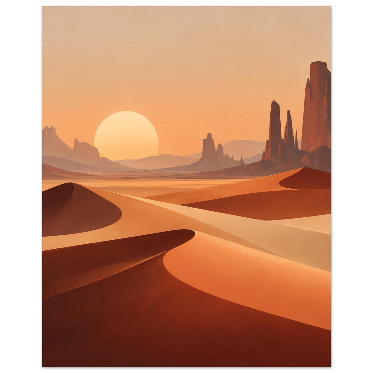Hochformat-Poster mit Wüstenlandschaft, gelber Sonne über Dünen und hohen Felsnadeln
