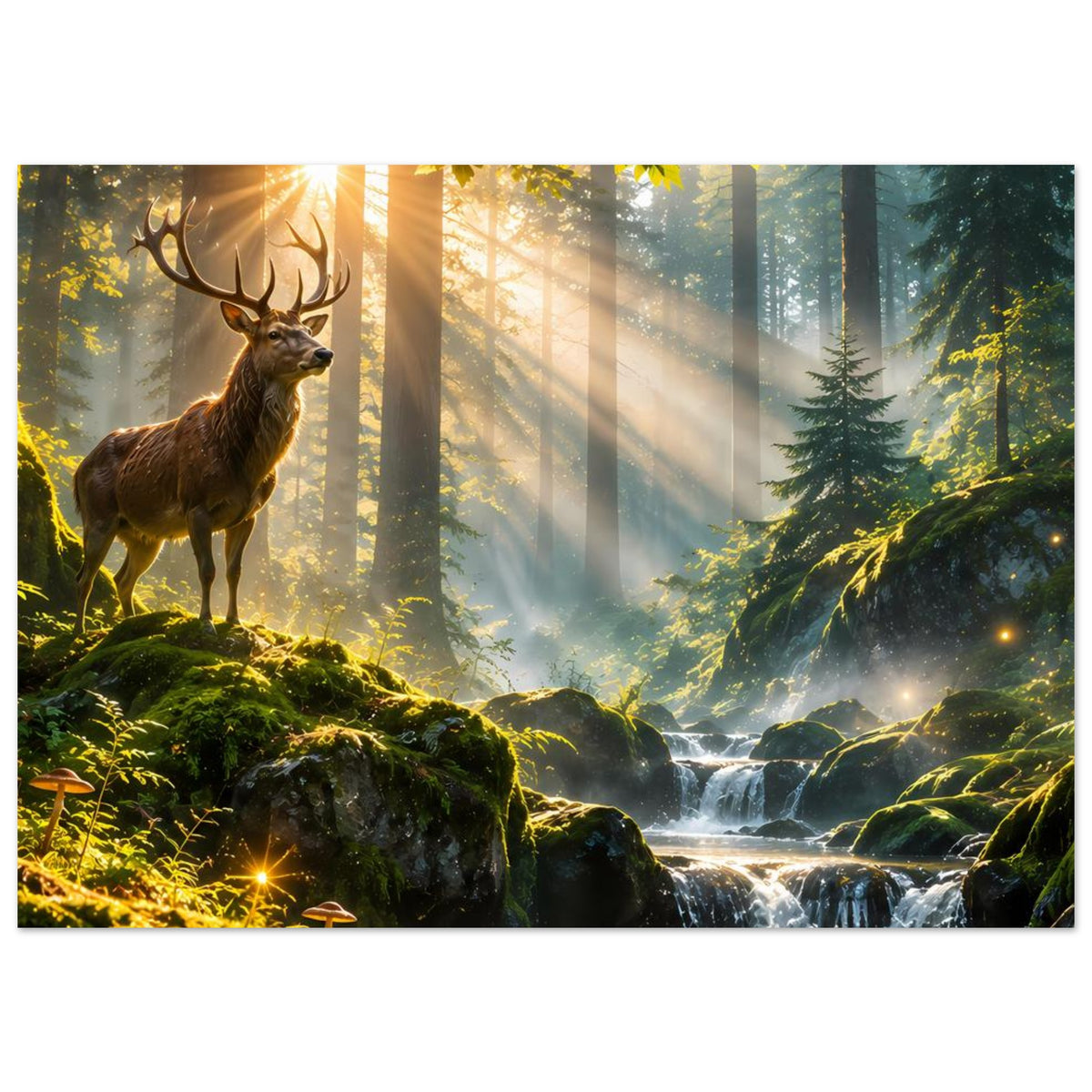 Wandposter im Querformat: Hirsch im Wald vor Wasserfall, Sonnenlicht durch Bäume, Moos und Lichtpunkte