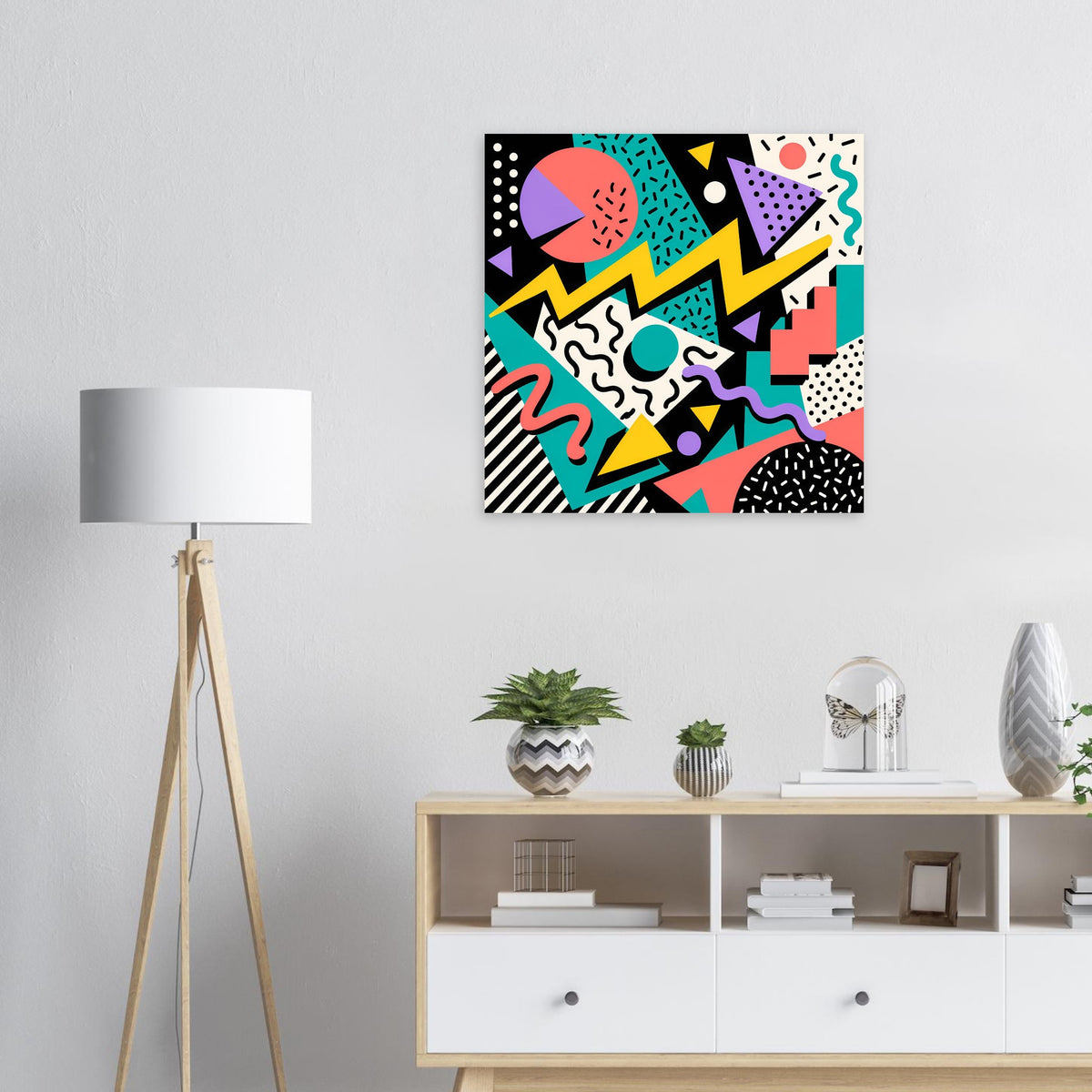 Quadratisches Poster mit bunten geometrischen Mustern und schwarzem Rahmen