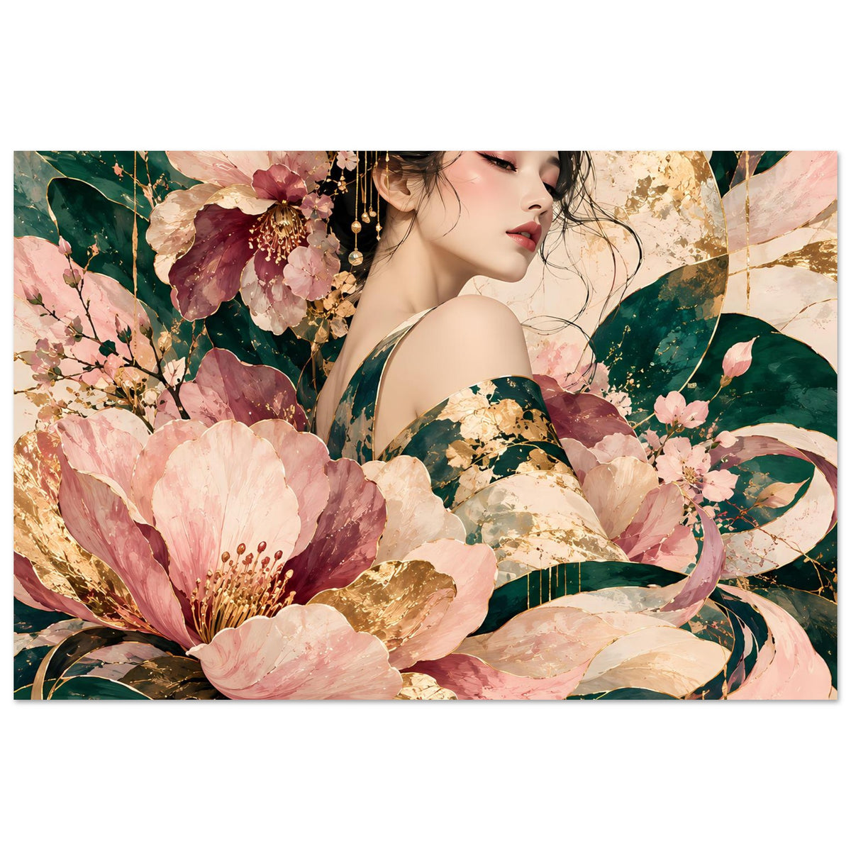 Elegantes florales Poster mit Frau, Blüten in Rosé, Grün und Gold