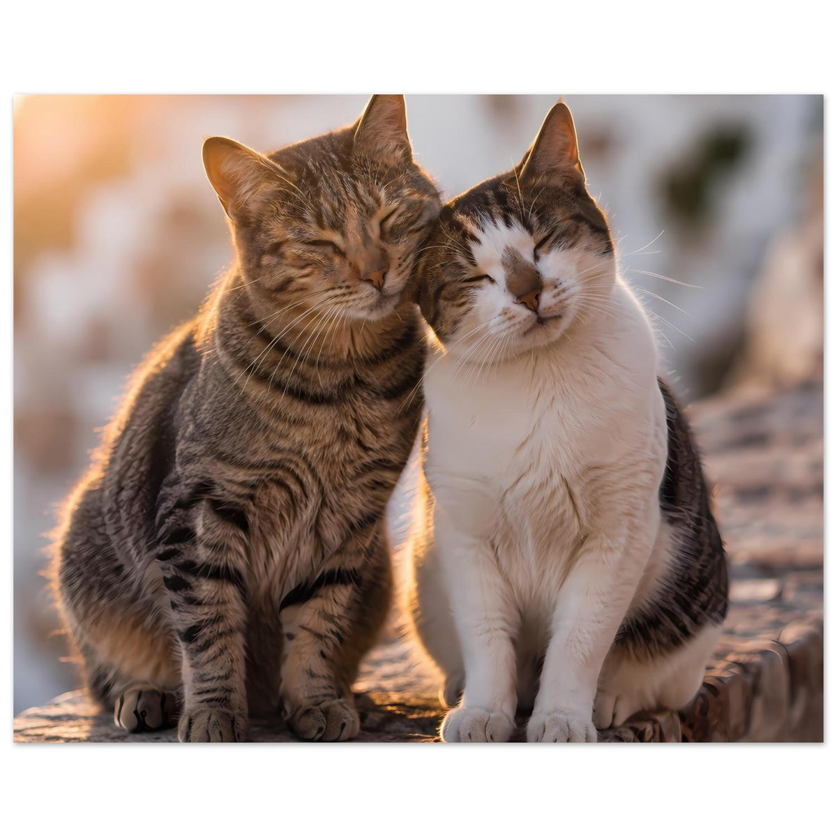 Querformat-Poster mit zwei kuschelnden Katzen, grau getigert und weiß, eng umschlungen