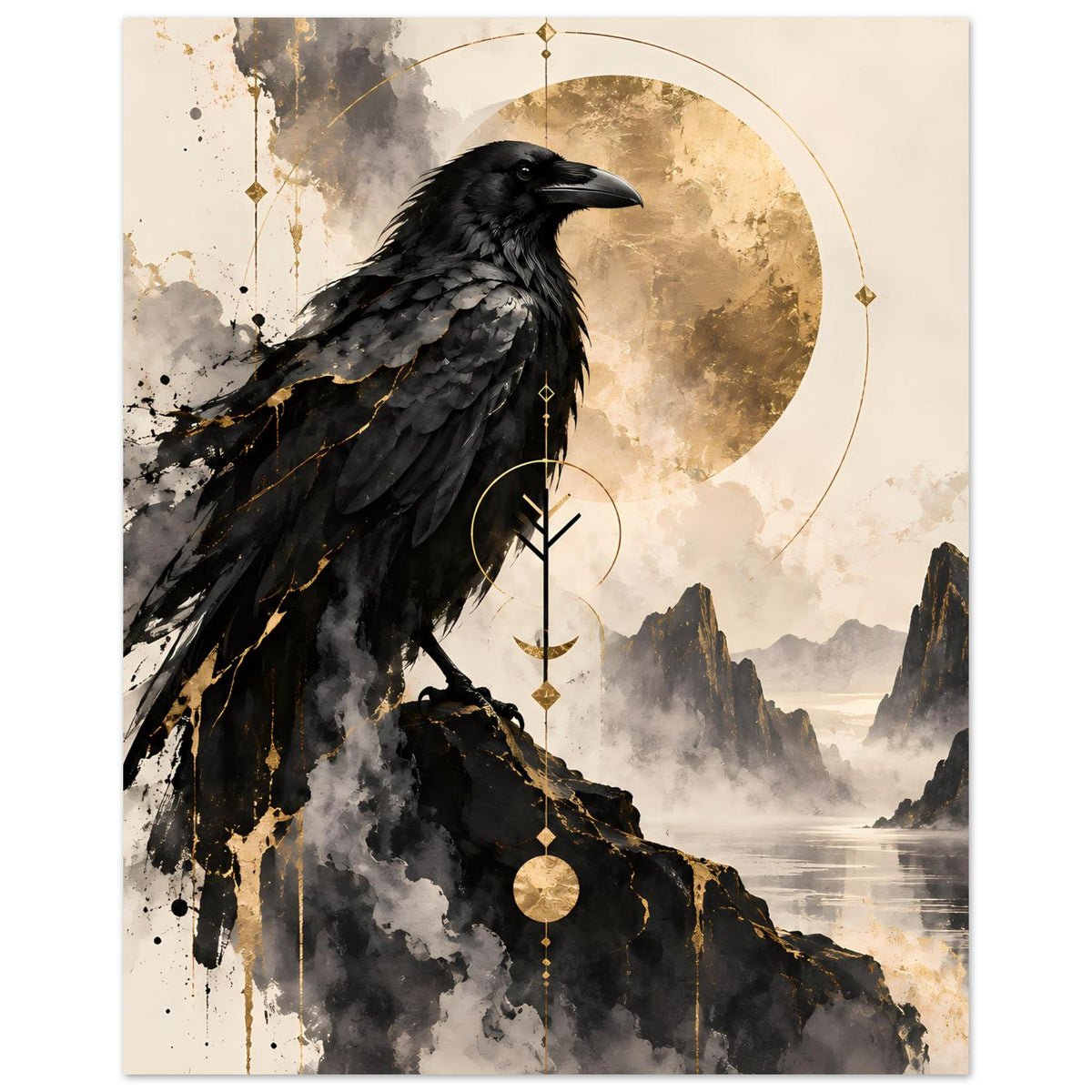 Vogelkunst-Poster mit schwarzem Rabe, goldene Anhänger, Mondsichel über Bergsee