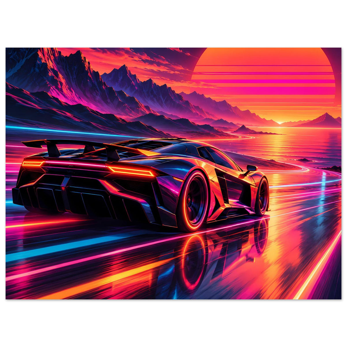 Poster im Querformat: futuristischer Wagen mit Neonkonturen und reflektierendem Boden