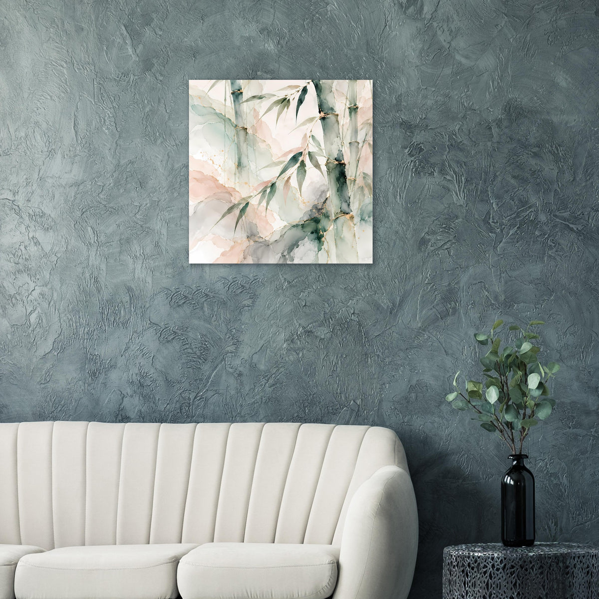 Quadratisches Naturposter mit Aquarell-Bambusblättern in Grün, Hellbeige und Pastellrosa