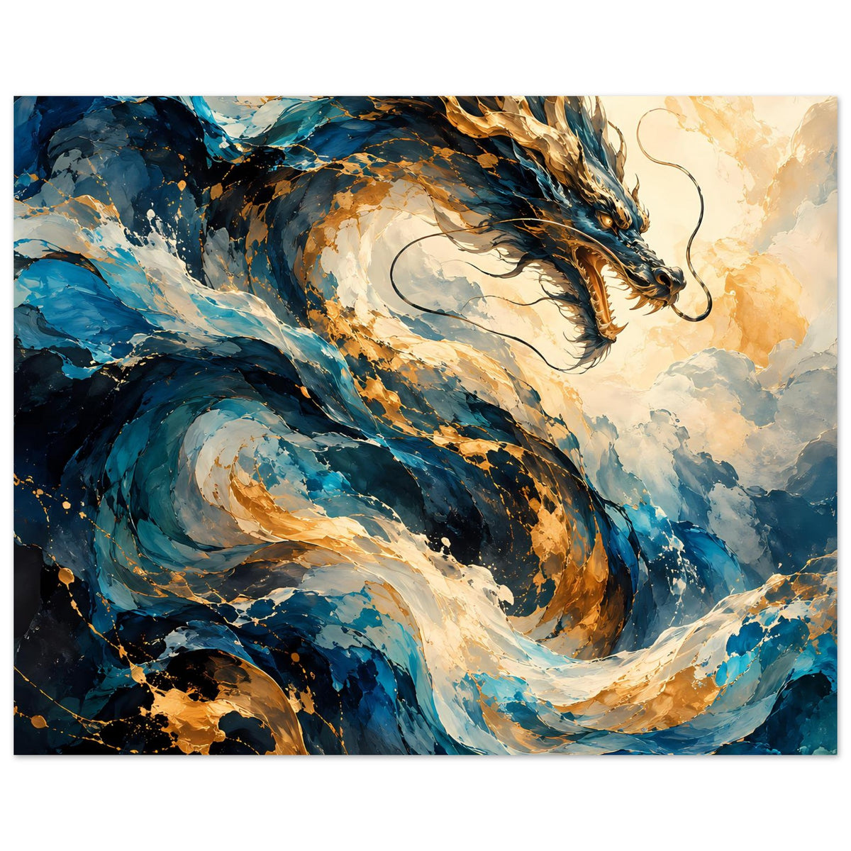 Fantasy-Poster: blauer Drachen mit goldenen Details, Kopf im Vordergrund