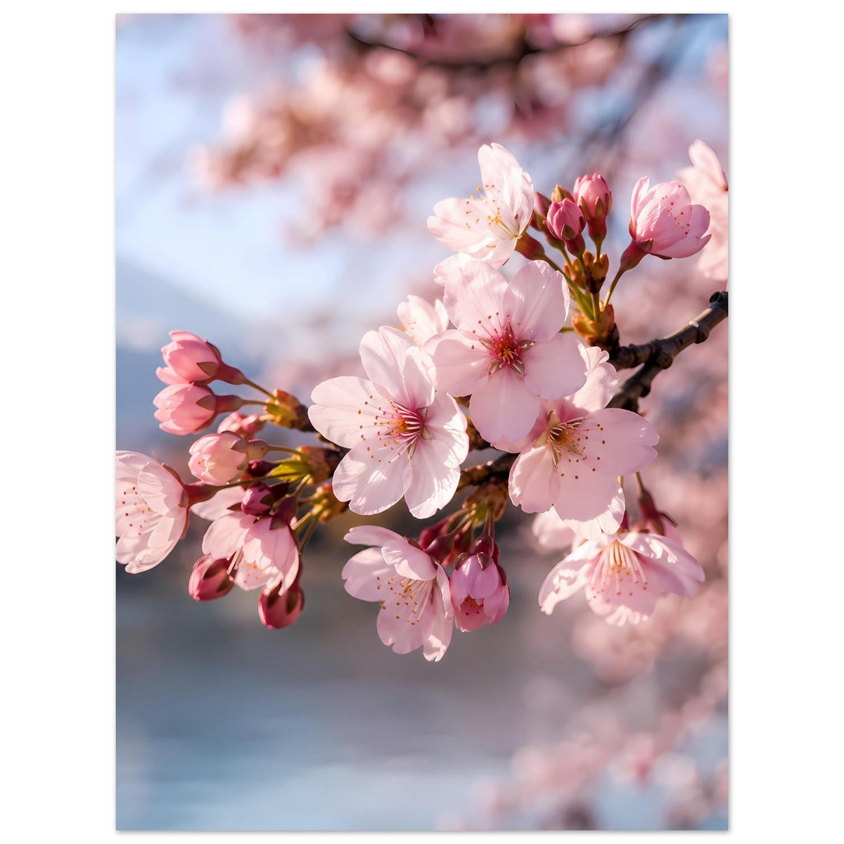 Wandposter mit Kirschblütenzweig, rosa Blüten und Knospen, vertikale Ausrichtung