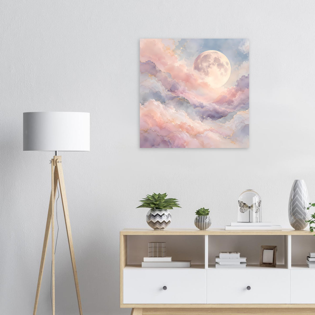 Pastellmond-Wolkenposter, quadratisch, mit hellem Mond und rosa-blauen Wolken