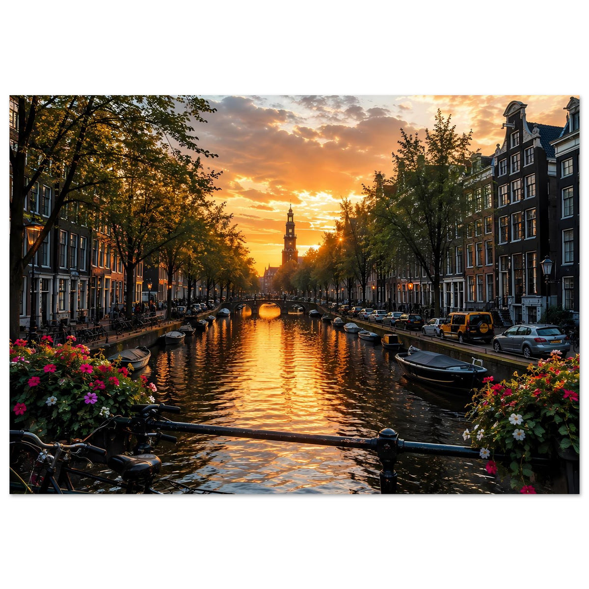 Poster Sonnenuntergang am Kanal mit Booten, Häusern und Blumen an beiden Seiten