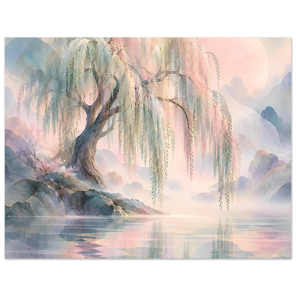 Naturposter mit Trauerweide und hängenden Ästen, Wasserreflexionen in Pastelltönen