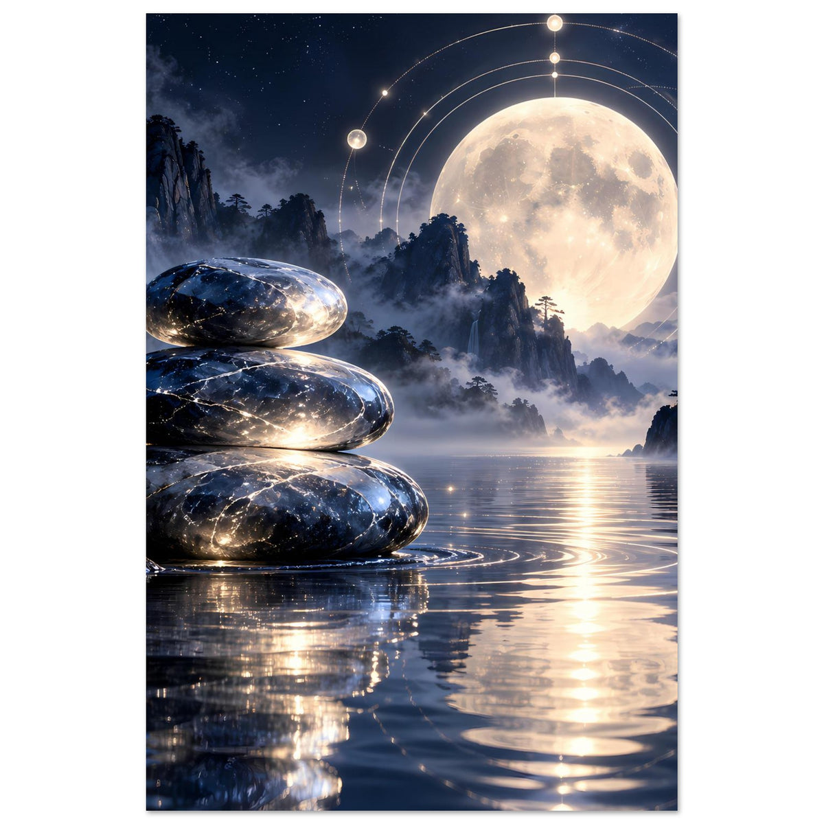 Hochformat-Poster mit Zen-Steinen links, großem Mond und leuchtenden Kreislinien über Wasser