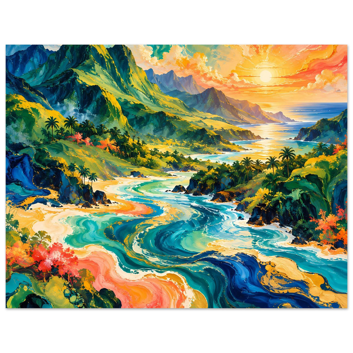Horizontales Tropen-Poster: Sonnenuntergang über Küste mit Palmen und wellenförmigem Wasser