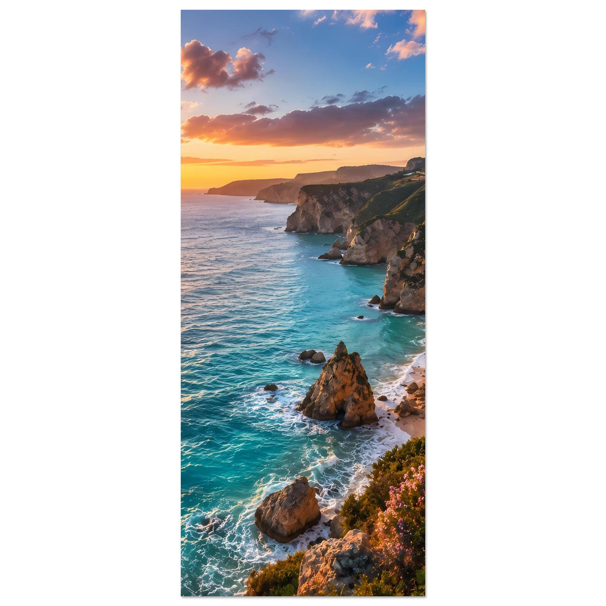 Vertikales Poster mit Küstenfelsen, türkisfarbenem Wasser und Abendsonne