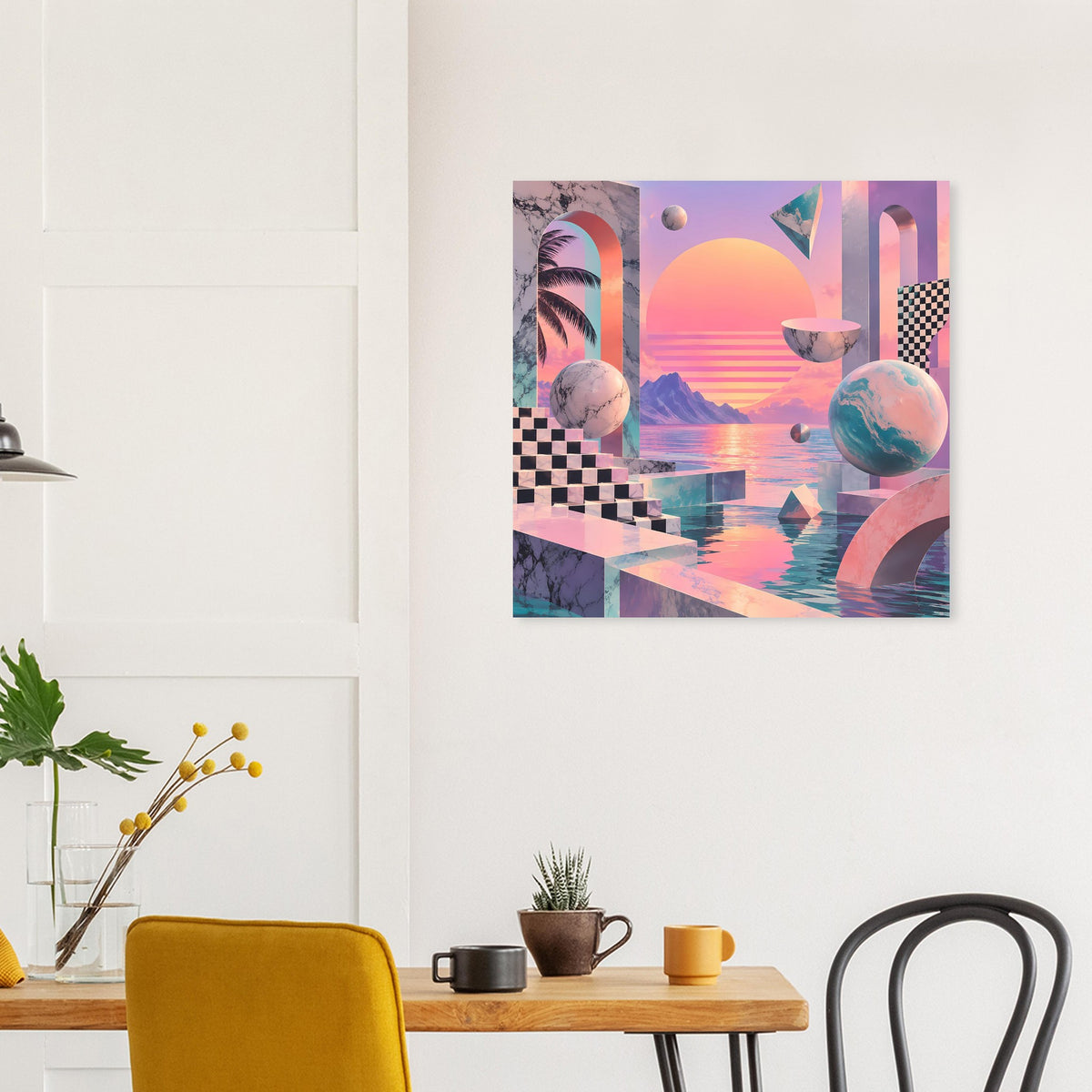 Quadratisches Poster mit farbigem Sonnenuntergang, geometrischer Treppe und Fantasieobjekten