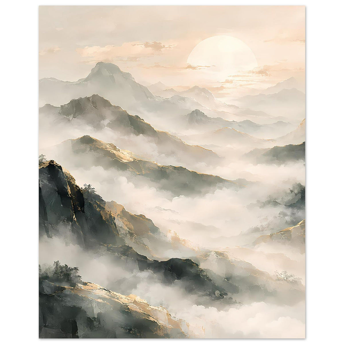 Vertikales Poster mit Berglandschaft, weichem Nebelmeer und großer Sonne in Pastelltönen