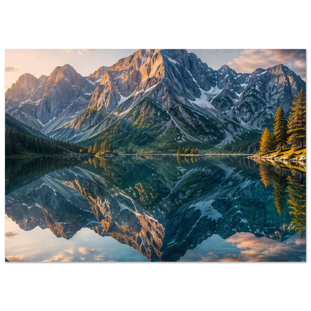 Querformatiges Landschaftsposter: Berge, Tannen und reflektierendes Wasser im Abendlicht