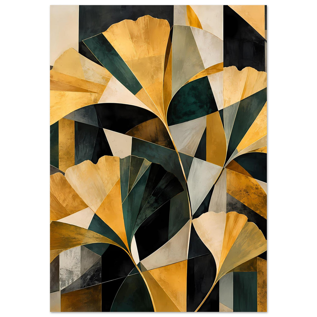 Blumenposter im abstrakten Stil: goldene Blütenfächer, tiefgrüne und schwarze Flächen, gerahmt