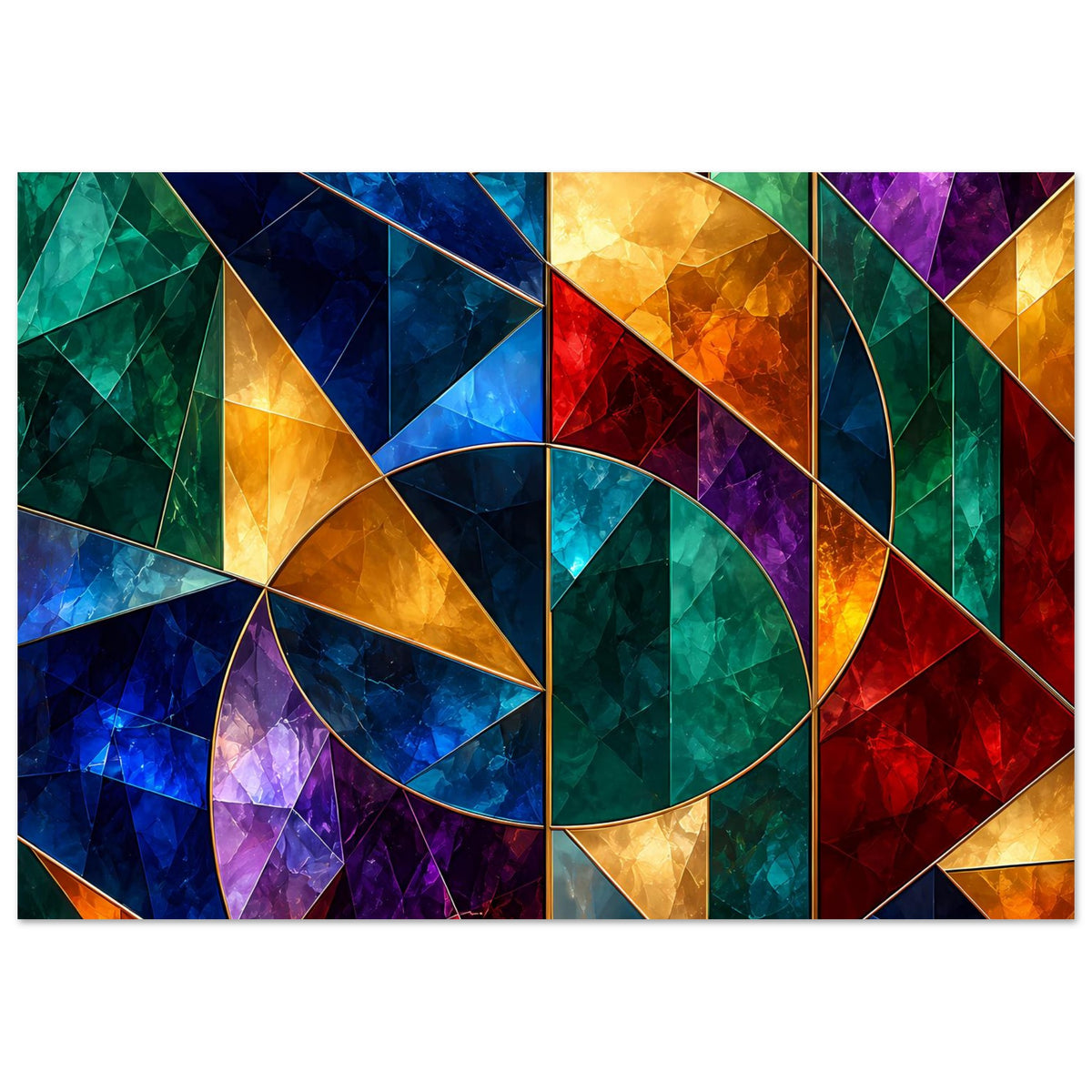 Geometrisches Buntglas-Poster (Breitformat) mit Dreiecken und Kreisbogen in Blau, Grün, Gelb, Rot.