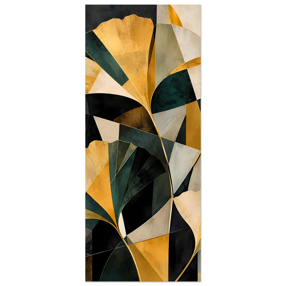 Abstraktes Blumenposter im schmalen Hochformat, goldene und grüne Blütenmotive, gerahmt