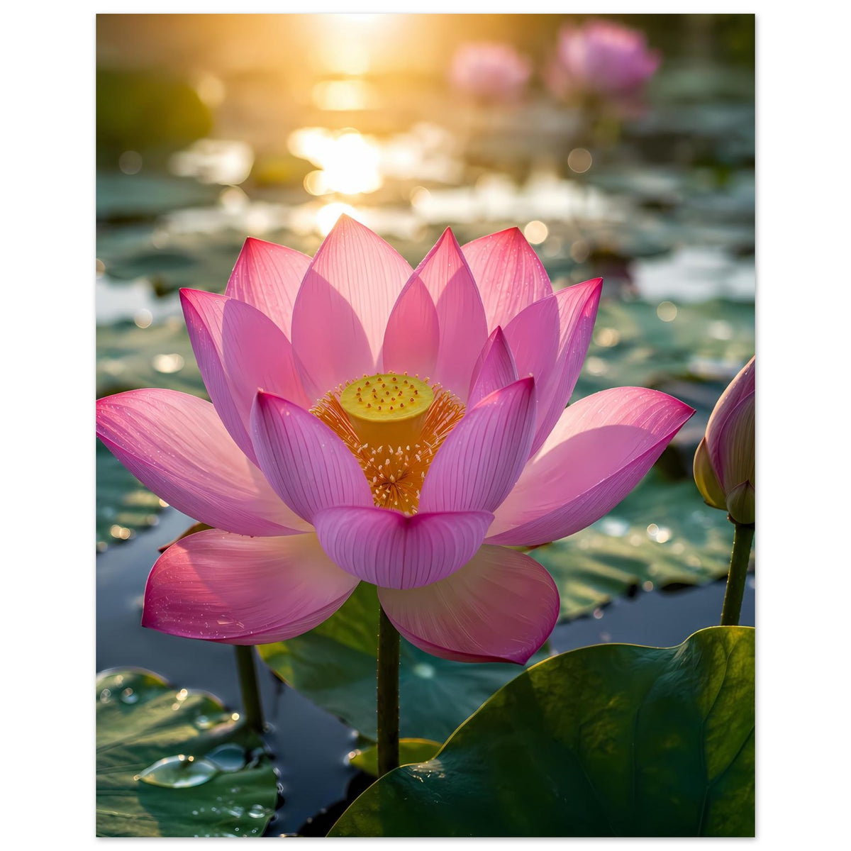 Poster mit pinker Lotusblüte und gelbem Blütenkern, grünes Blatt im Vordergrund