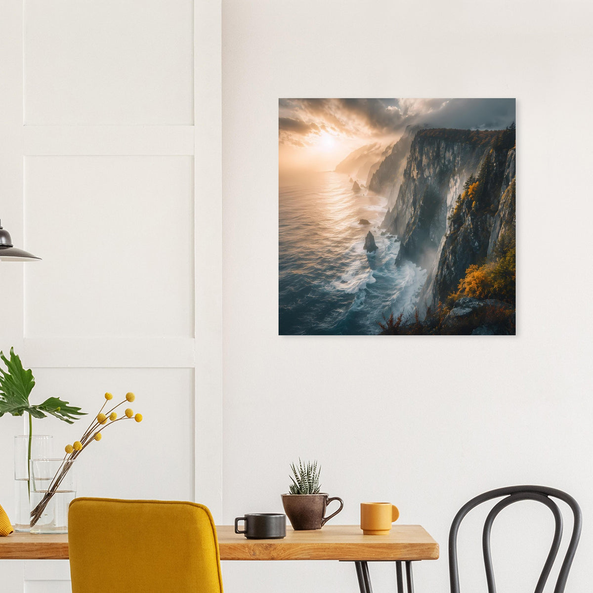 Poster mit Küstenfelsen, tobenden Wellen und Abendsonne im Himmel