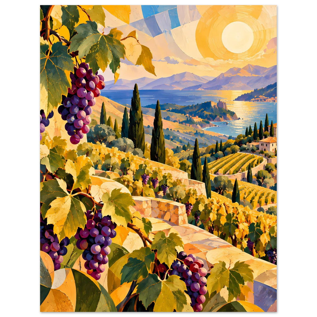 Poster mit Weinreben: große violette Trauben, gelbe Weinberge und Sonne am Horizont