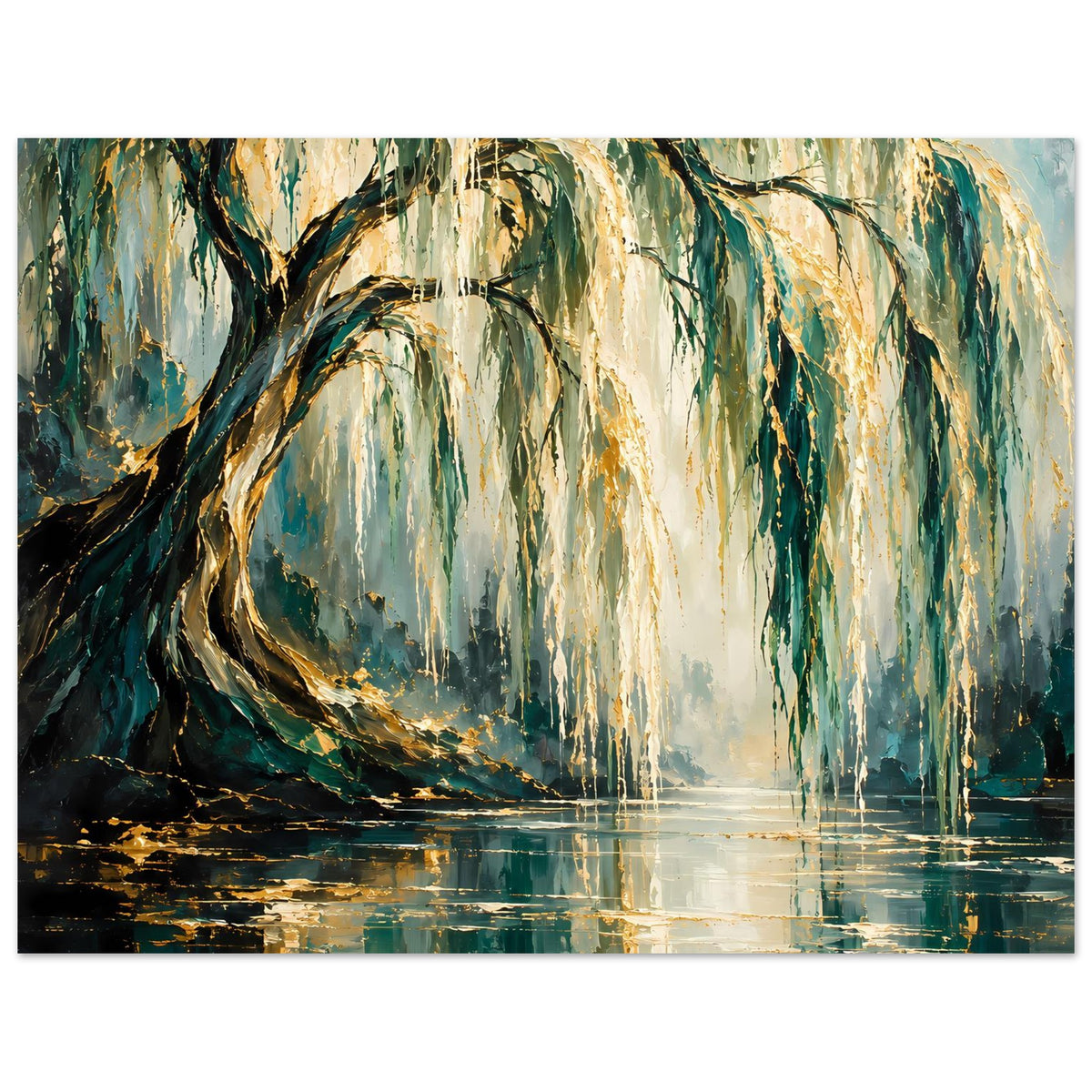 Poster im Querformat: weinender Baum in Grün-Gold, helle Lichtsträhnen und Spiegelbild