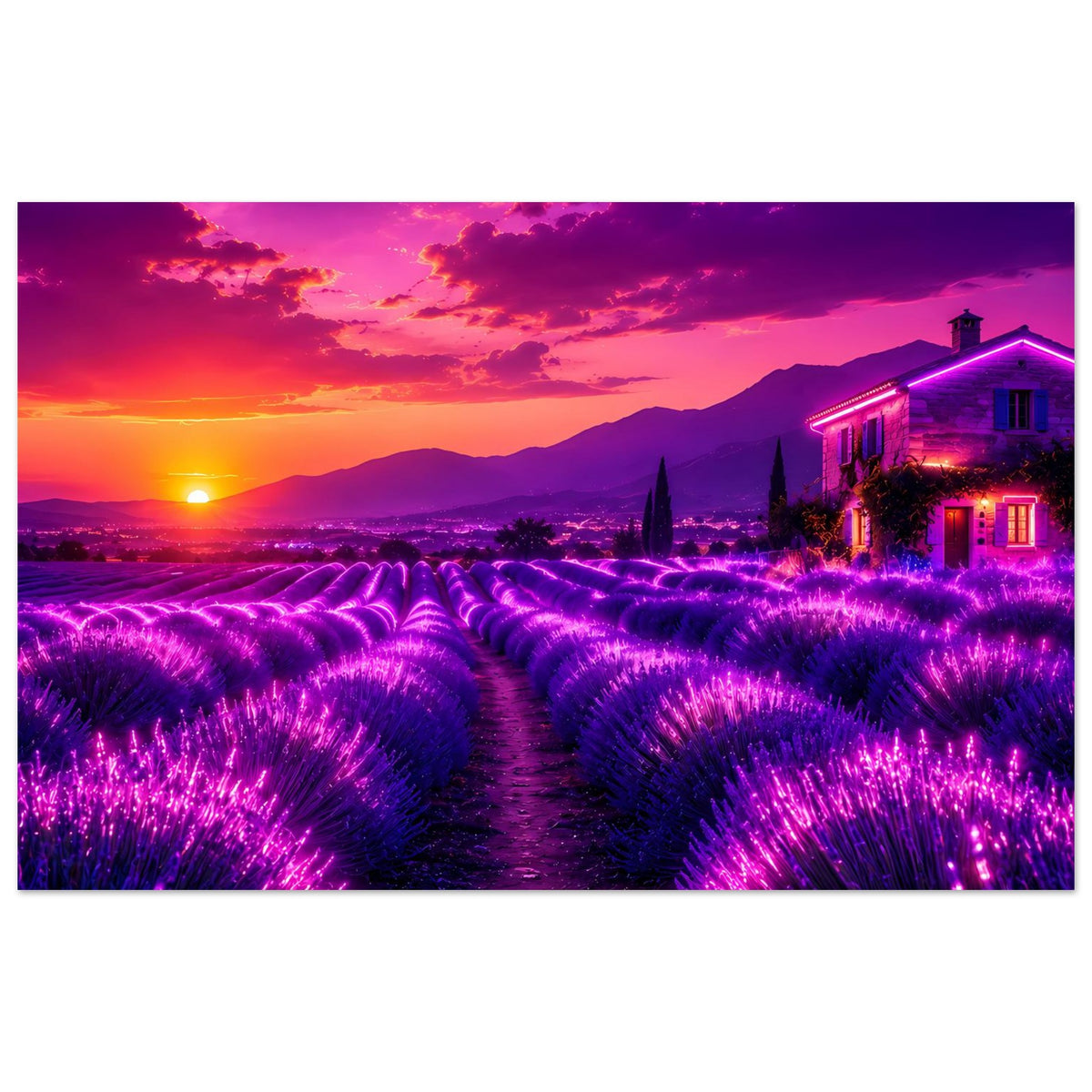 Horizontales Poster: lila Lavendelfeld mit Weg und violett beleuchtetem Haus bei Sonnenuntergang